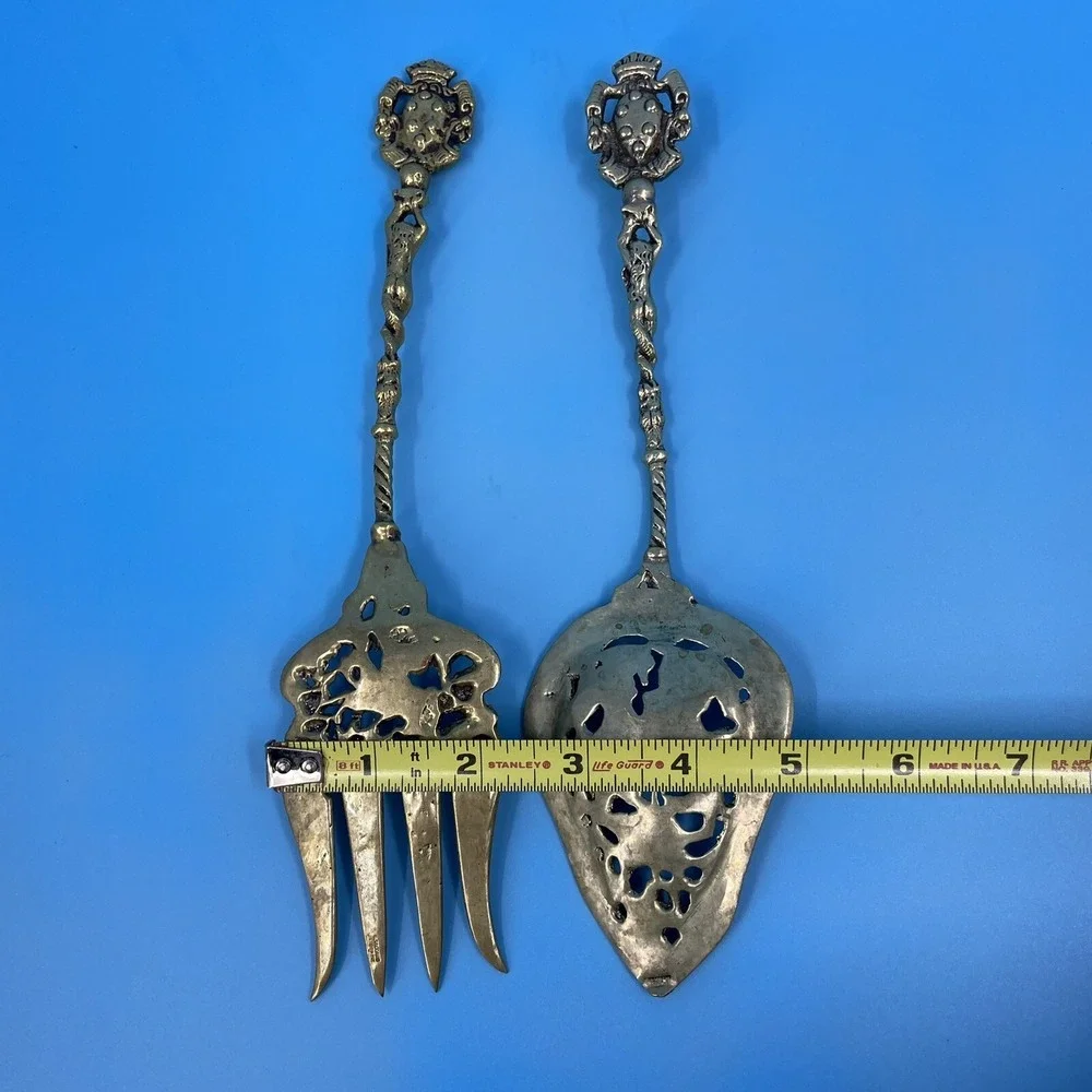 Vintage Ornate Silver Plated‎ Knight Mermaid Pierced Salad Serving Set 2pc